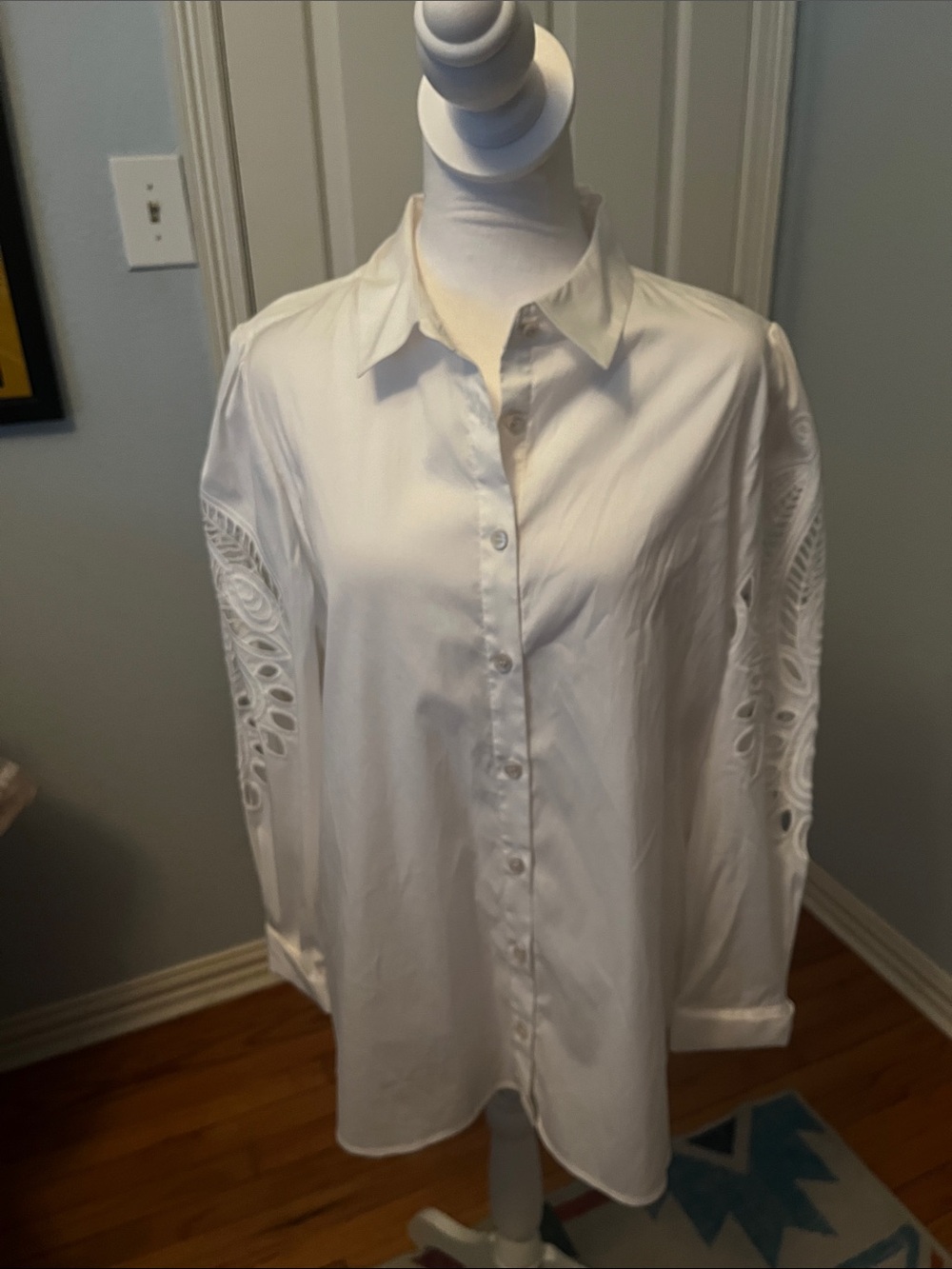 Chico's White Button-Down Shirt with Eyelet Sleeve Detail